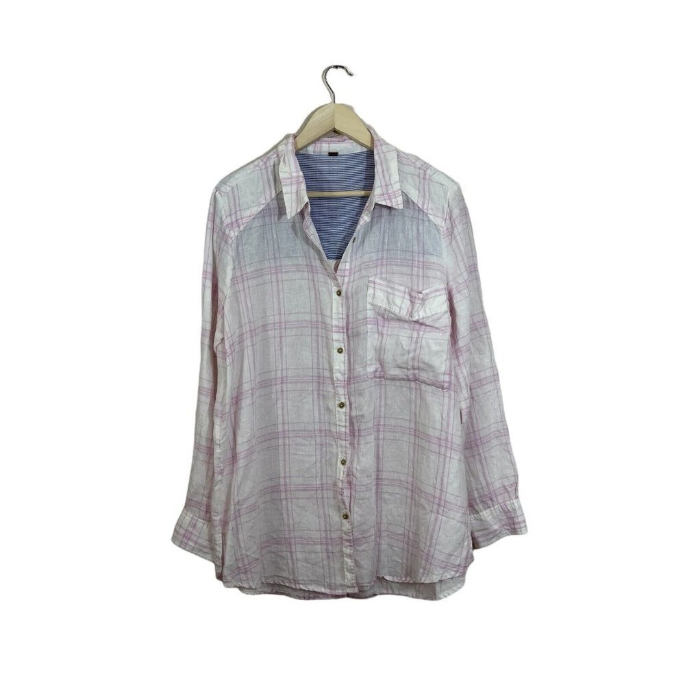 Free People Large No Limits Linen Plaid Tunic Top Button Front & Back